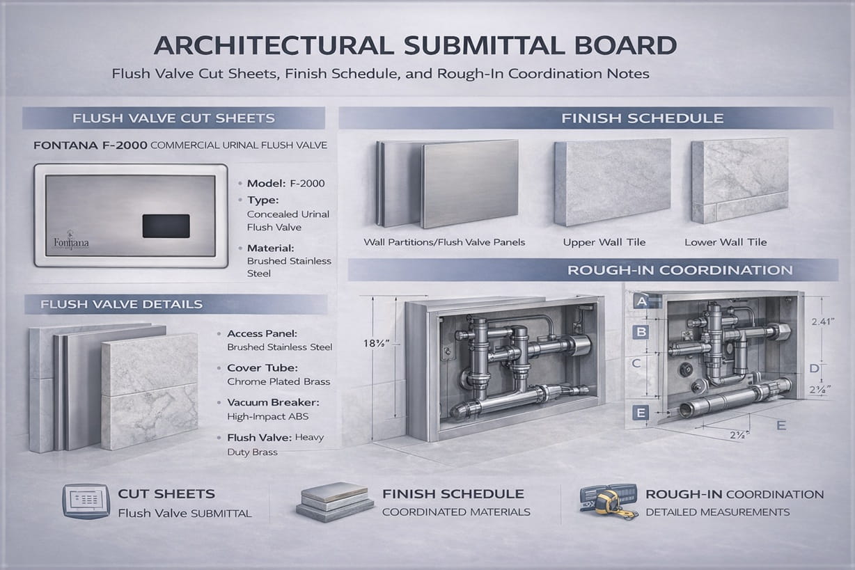Architectural submittal board with flush valve cut sheets, finish schedule, and rough-in coordination notes